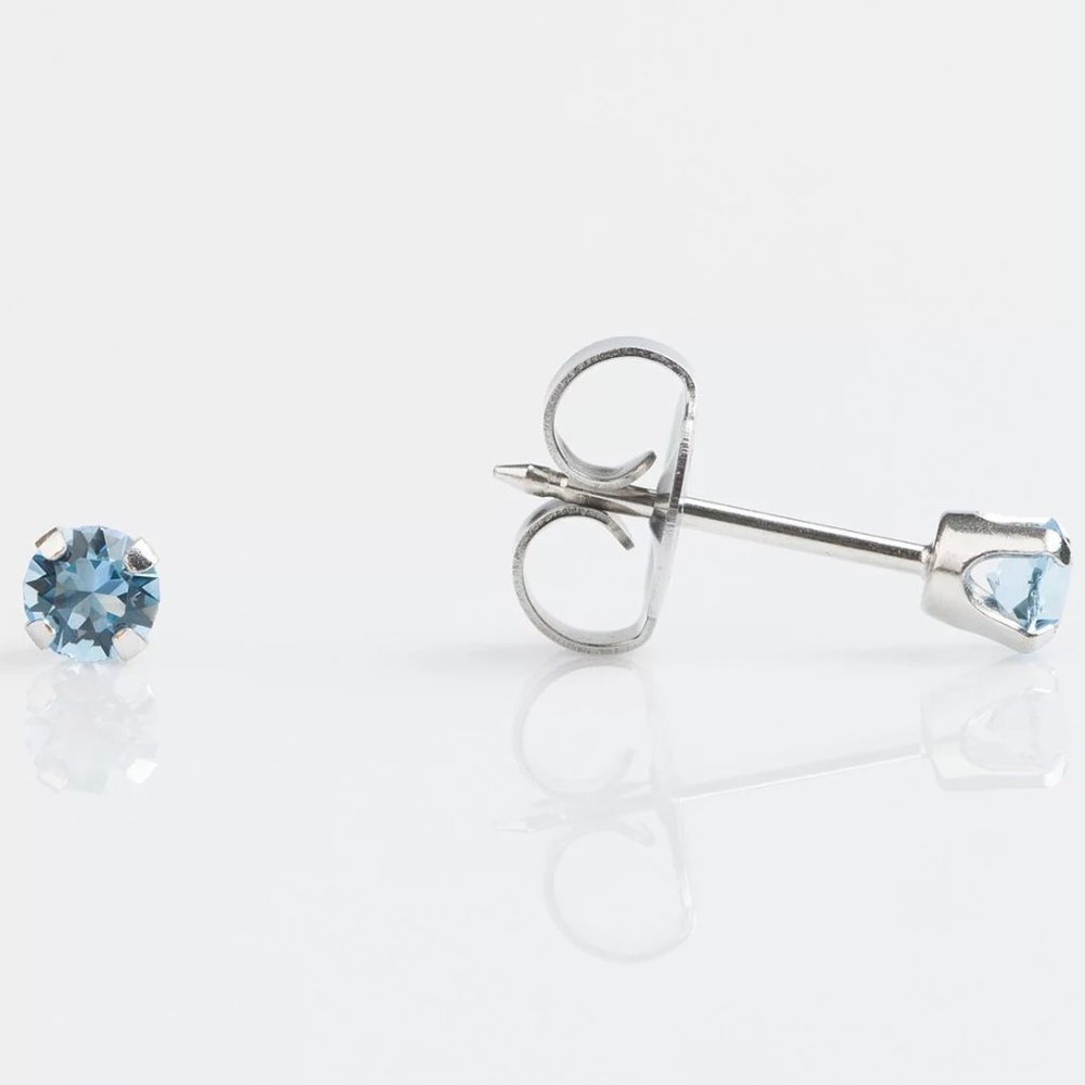 Studex Stainless Steel 3MM MAR Aquamarine Crystal Ear Piercing Earrings